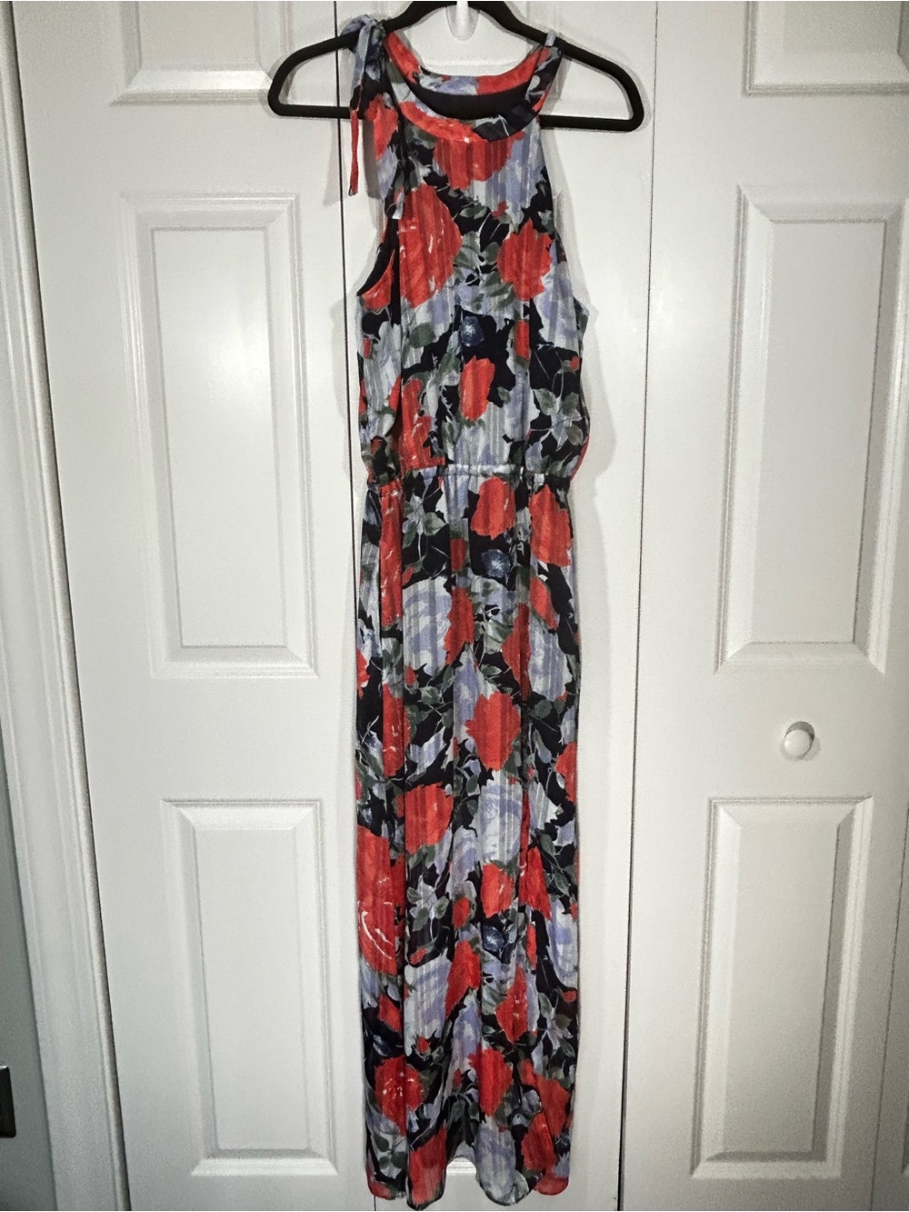 Red Floral Halter Maxi Dress with Tie-Neck